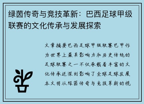 绿茵传奇与竞技革新：巴西足球甲级联赛的文化传承与发展探索