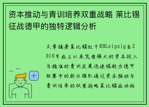 资本推动与青训培养双重战略 莱比锡征战德甲的独特逻辑分析