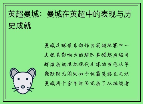 英超曼城：曼城在英超中的表现与历史成就
